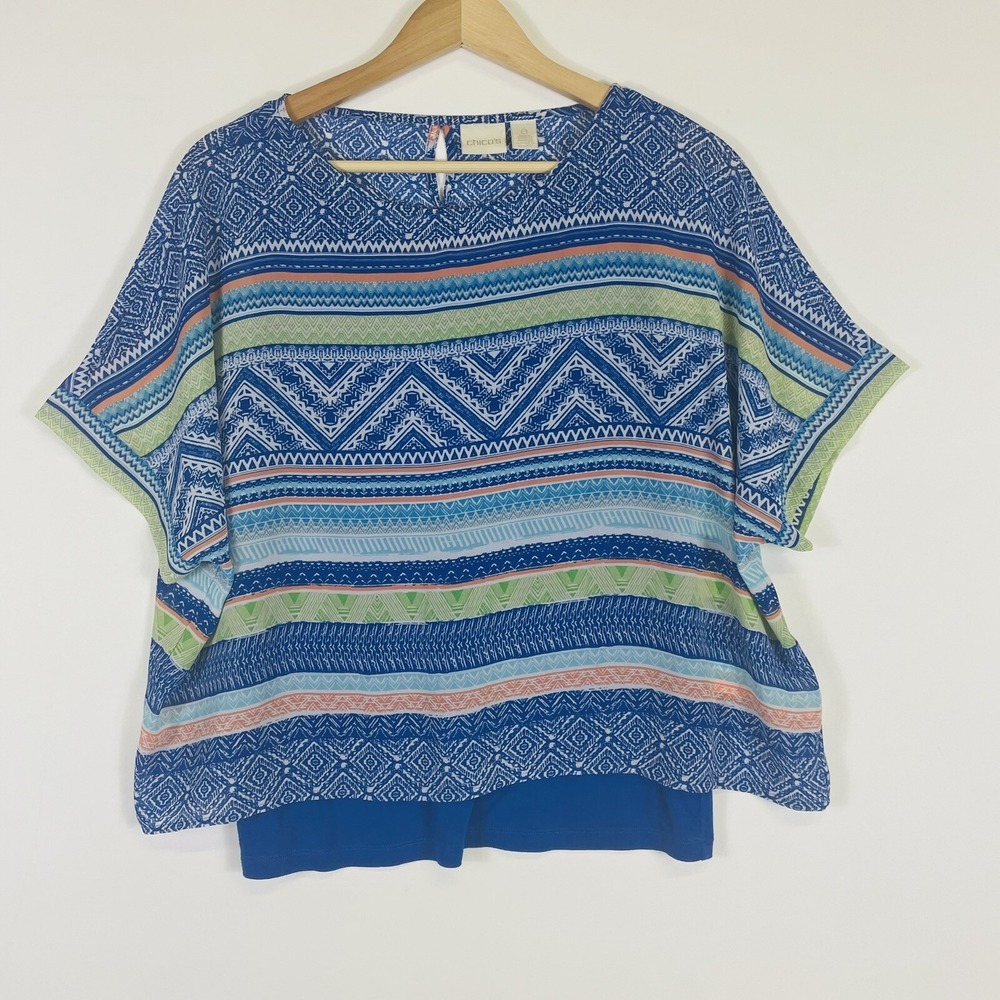 Chico's Womens Sz‎ 0 Small 4  Shirt Top Blue White Chiffon Layer Boho Artsy Bold